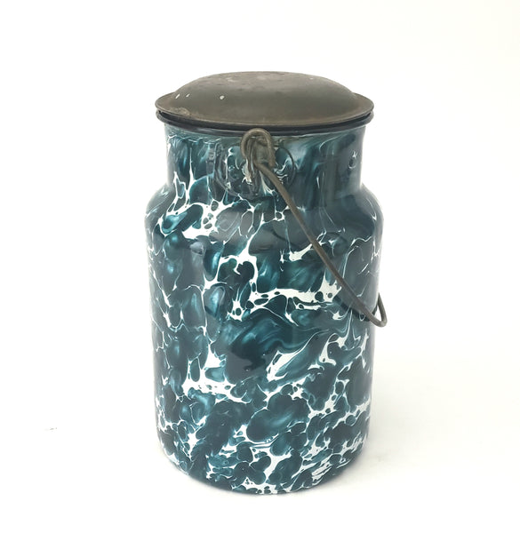 Antique Deep Green and White Swirl Graniteware Milk Cream Pail With Lid & Bail Handle