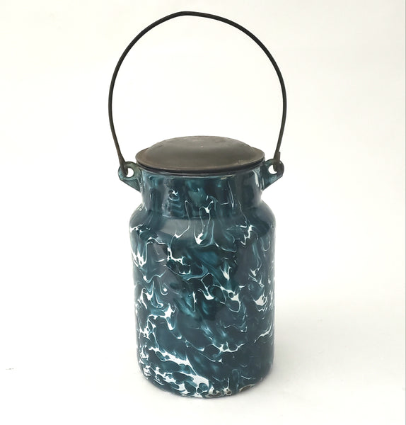 Antique Deep Green and White Swirl Graniteware Milk Cream Pail With Lid & Bail Handle