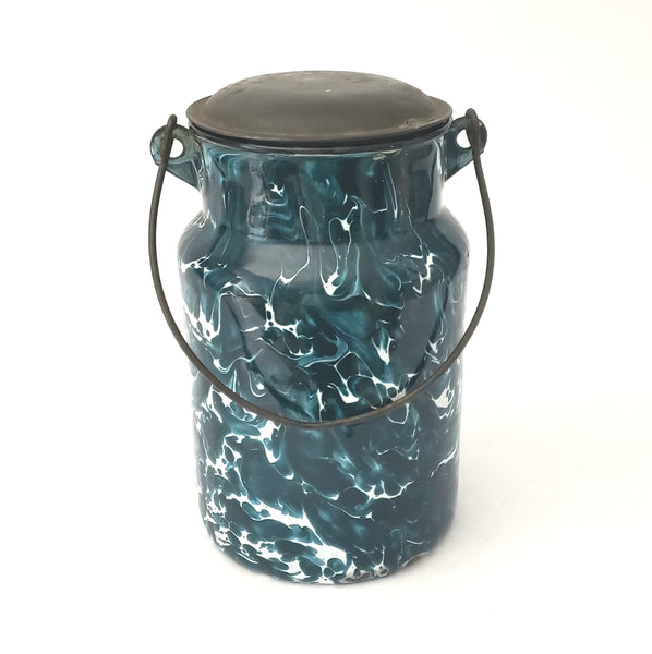 Antique Deep Green and White Swirl Graniteware Milk Cream Pail With Lid & Bail Handle