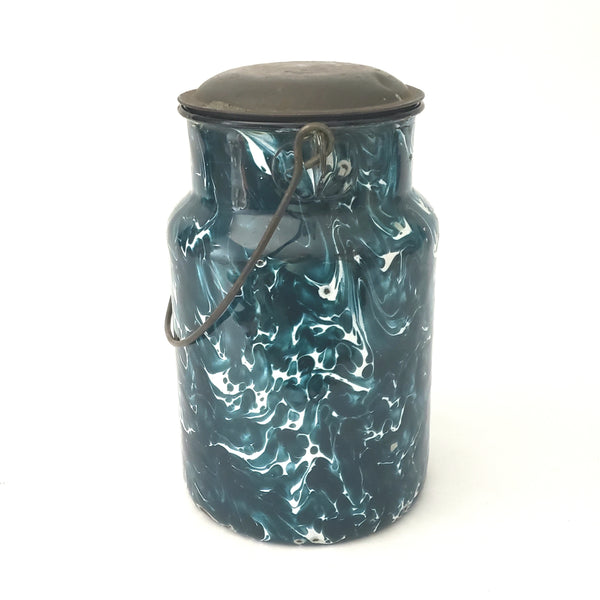 Antique Deep Green and White Swirl Graniteware Milk Cream Pail With Lid & Bail Handle