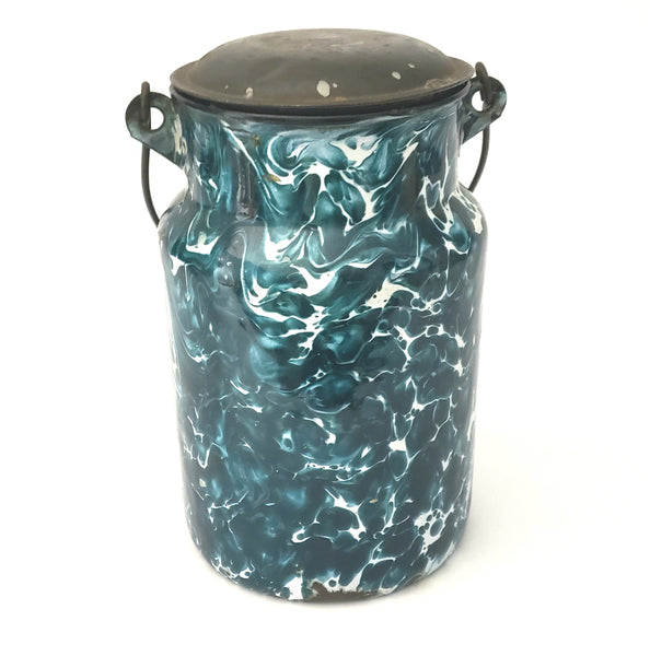 Antique Deep Green and White Swirl Graniteware Milk Cream Pail With Lid & Bail Handle