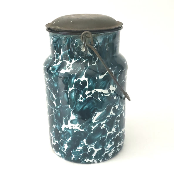 Antique Deep Green and White Swirl Graniteware Milk Cream Pail With Lid & Bail Handle