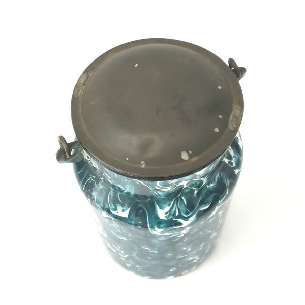Antique Deep Green and White Swirl Graniteware Milk Cream Pail With Lid & Bail Handle