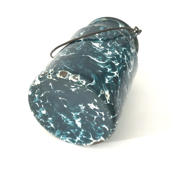 Antique Deep Green and White Swirl Graniteware Milk Cream Pail With Lid & Bail Handle