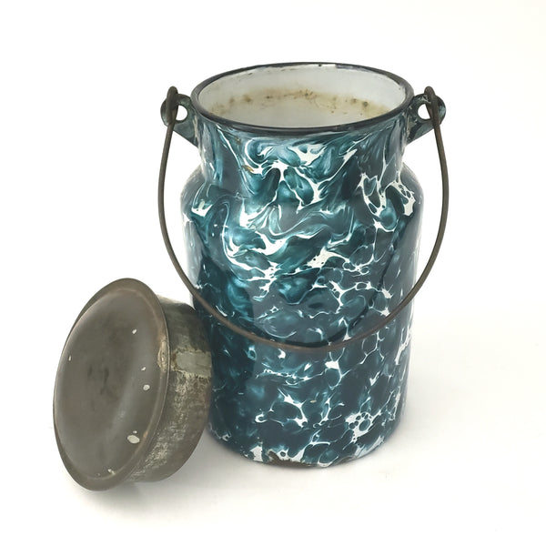 Antique Deep Green and White Swirl Graniteware Milk Cream Pail With Lid & Bail Handle