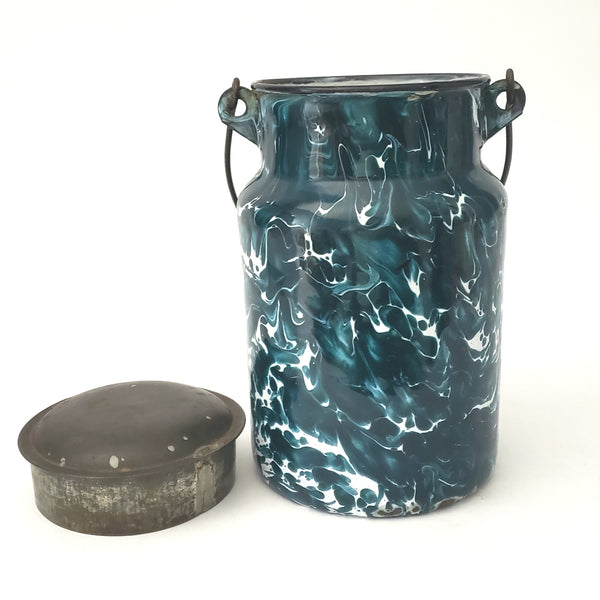 Antique Deep Green and White Swirl Graniteware Milk Cream Pail With Lid & Bail Handle