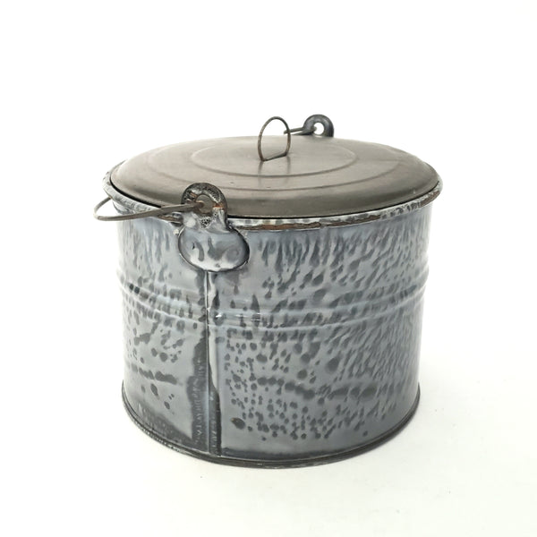Antique Gray Graniteware Berry Bucket with Tin Lid and Bail Handle