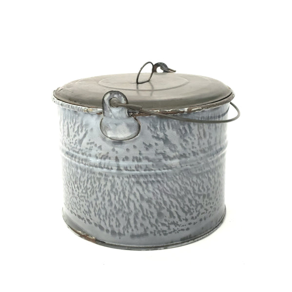Antique Gray Graniteware Berry Bucket with Tin Lid and Bail Handle