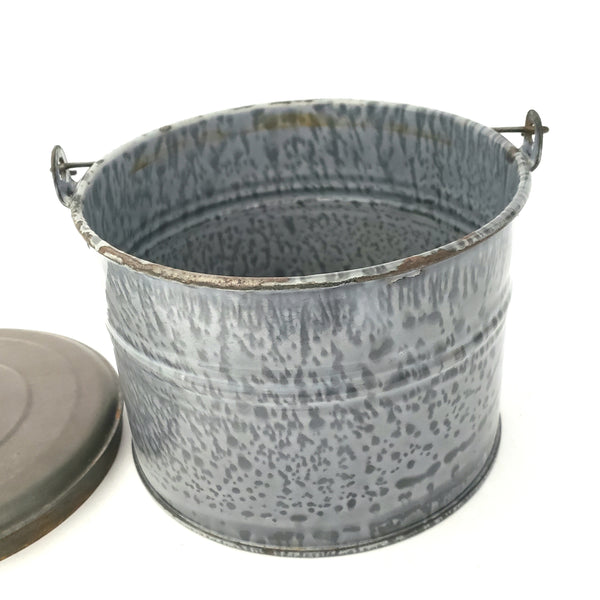 Antique Gray Graniteware Berry Bucket with Tin Lid and Bail Handle