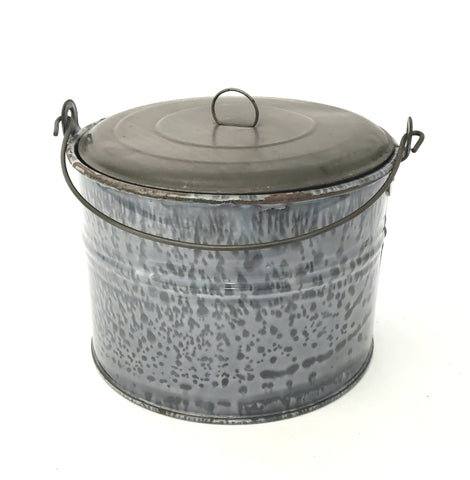 Antique Gray Graniteware Berry Bucket with Tin Lid and Bail Handle