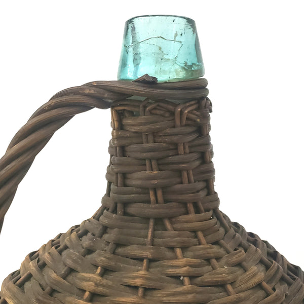 Large Antique Rattan Wrapped Aqua Glass Demijohn Bottle Wicker Woven 18" 2 Gallon