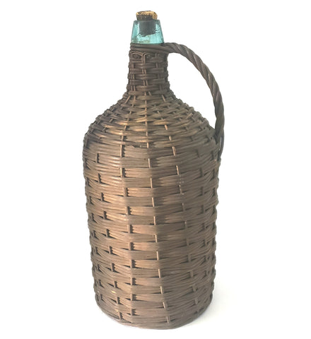 Large Antique Rattan Wrapped Aqua Glass Demijohn Bottle Wicker Woven 18" 2 Gallon