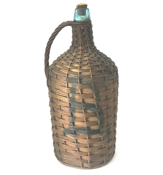 Large Antique Rattan Wrapped Aqua Glass Demijohn Bottle Wicker Woven 18" 2 Gallon