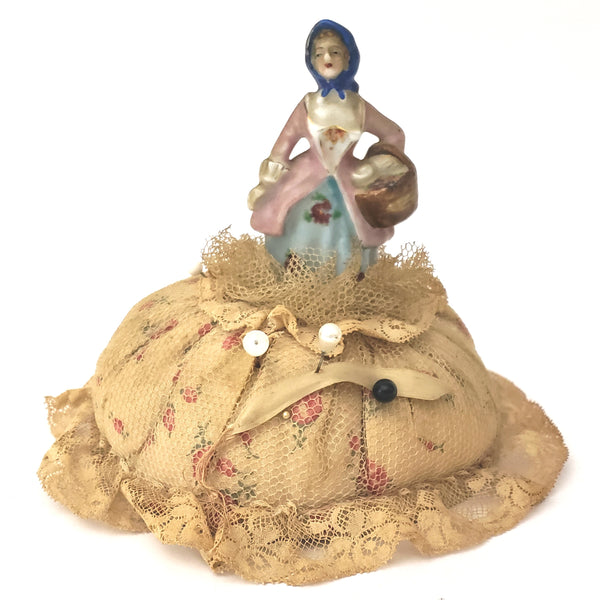 Antique Pincushion Porcelain Figurine Doll with Full Tulled Dress Sewing Collectible