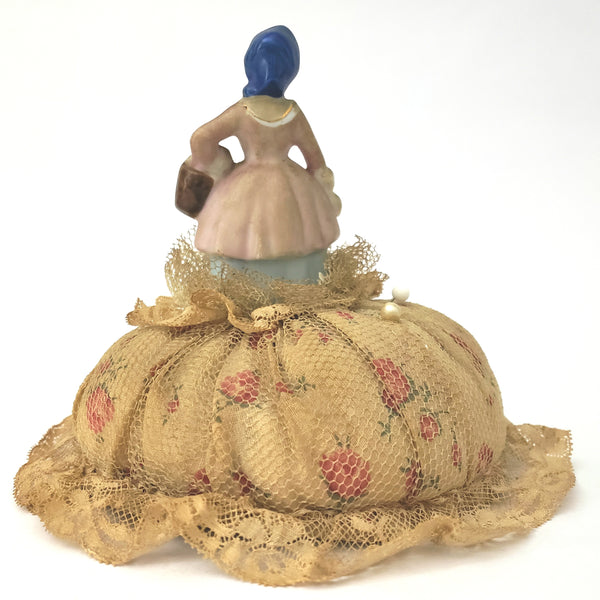 Antique Pincushion Porcelain Figurine Doll Full Tulled Dress Sewing Collectible