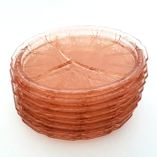 Vintage Cherry Blossom Pink Depression Glass Divided Grill Plates Set of 8 Jeannette Glass