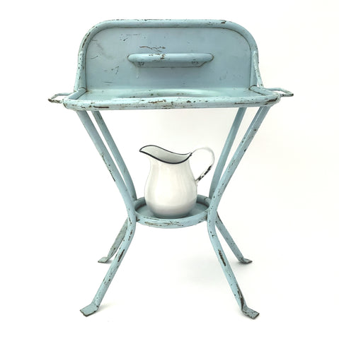 Vintage Blue Childs Metal Wash Stand with Enamel Childs Pitcher