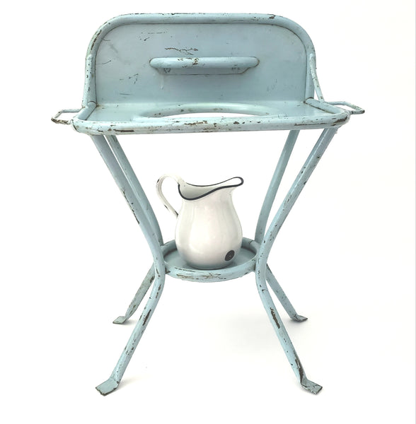 Vintage Blue Childs Metal Washstand with Enamel Childs Pitcher