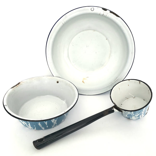 Antique Blue Graniteware Bowls and Dipper Lot of 3 Rustic Country Kitchen Accent