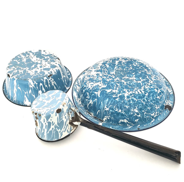 Antique Blue Graniteware Bowls and Dipper Lot of 3 Rustic Country Kitchen Accent