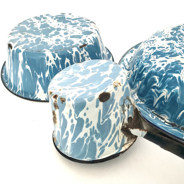 Antique Blue Graniteware Bowls and Dipper Lot of 3 Rustic Country Kitchen Accent