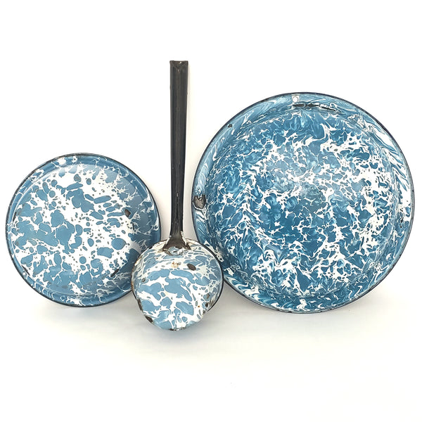 Antique Blue Graniteware Bowls and Dipper Lot of 3 Rustic Country Kitchen Accent