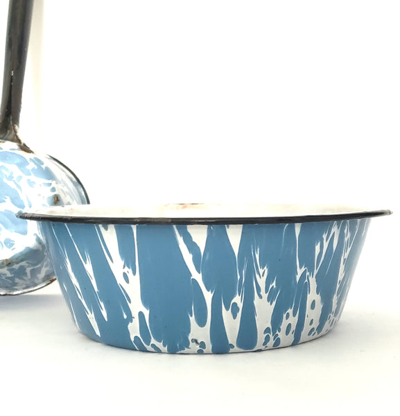 Antique Blue Graniteware Bowls and Dipper Lot of 3 Rustic Country Kitchen Accent