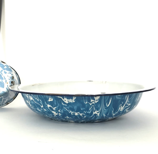 Antique Blue Graniteware Bowls and Dipper Lot of 3 Rustic Country Kitchen Accent