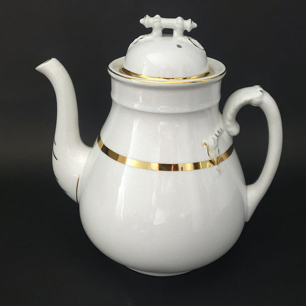 Antique White Ironstone China Tea Pot Gold Trim by Willets Mfg Trenton, New Jersey