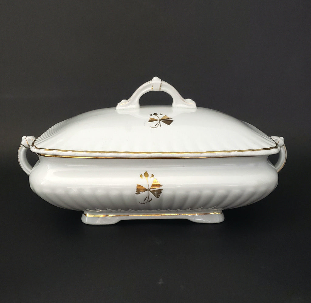 Antique White & Gold Ironstone Rectangular Tureen with Lid by Bishop & Stonier England