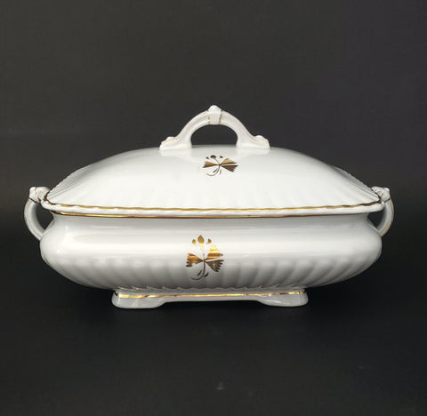 Antique White & Gold Ironstone Rectangular Tureen with Lid by Bishop & Stonier England