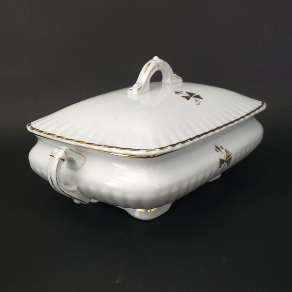 Antique White Ironstone Gold Trim Rectangular Tureen with Lid Bishop & Stonier England