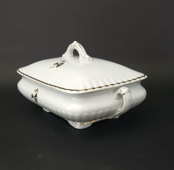 Antique White Ironstone Gold Trim Rectangular Tureen with Lid Bishop & Stonier England