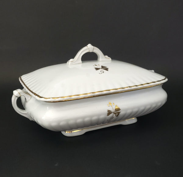 Antique White Ironstone Gold Trim Rectangular Tureen with Lid Bishop & Stonier England