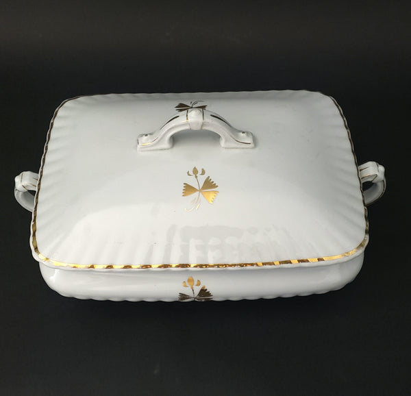 Antique White Ironstone Gold Trim Rectangular Tureen with Lid Bishop & Stonier England