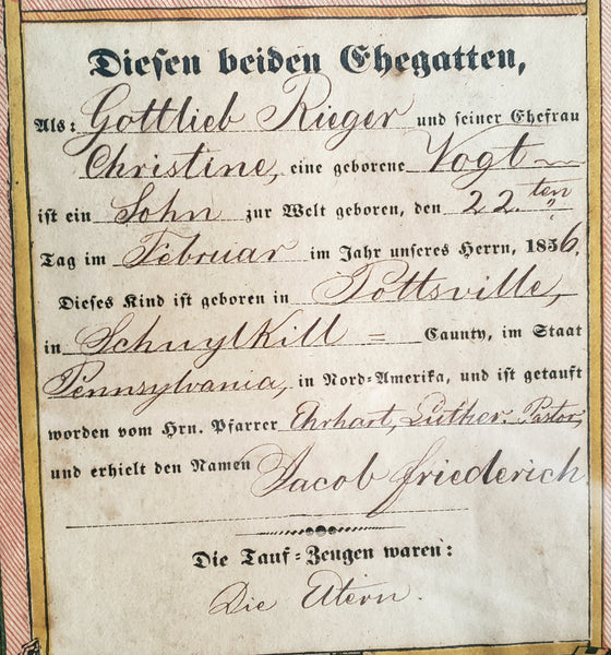 1856 Fraktur Taufshein PA German Birth Baptism Certificate Hand-Colored Folk Art