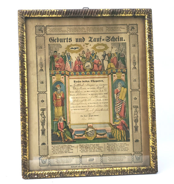 1856 Fraktur Taufshein PA German Birth Baptism Certificate Hand-Colored Folk Art