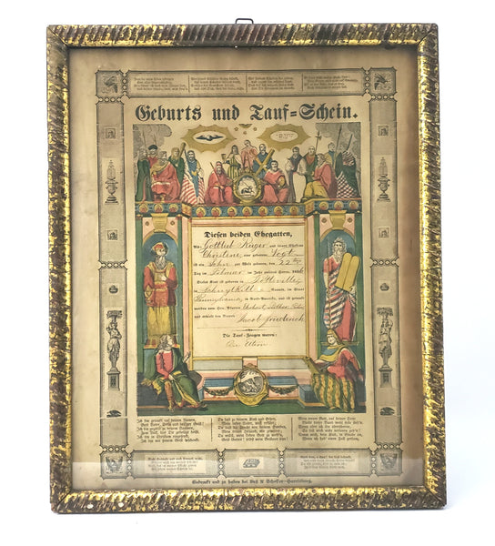 1856 Fraktur Taufshein Birth Baptism Certificate Hand-Colored Pennsylvania German Folk Art
