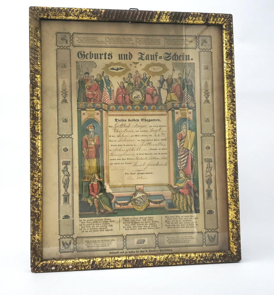 1856 Fraktur Taufshein Birth Baptism Certificate Hand-Colored Pennsylvania German Folk Art