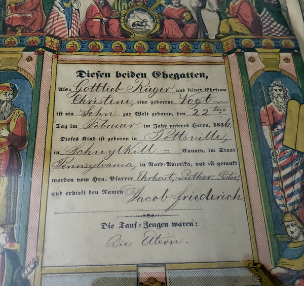 1856 Fraktur Taufshein PA German Birth Baptism Certificate Hand-Colored Folk Art