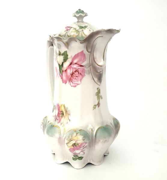 Antique Porcelain Chocolate Pot by MZ Austria Pink Roses Satin Finish