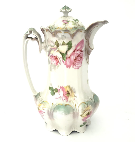 Antique Porcelain Chocolate Pot by MZ Austria Pink Roses Satin Finish