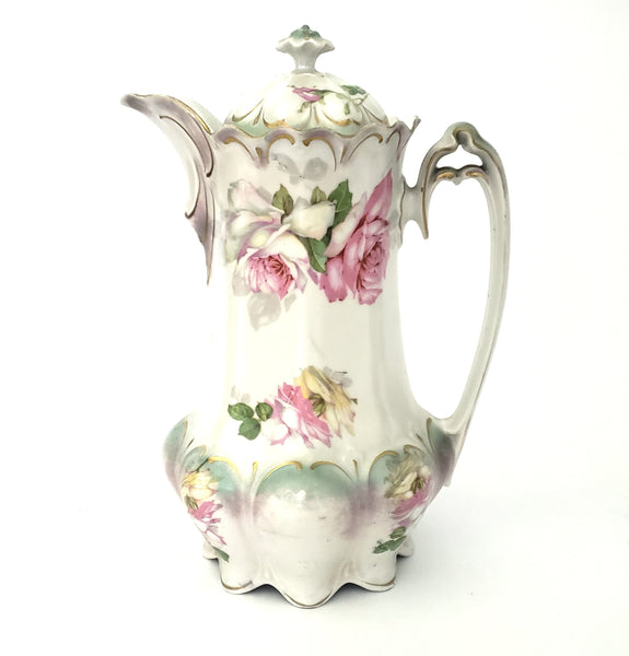 Antique Porcelain Chocolate Pot by MZ Austria Pink Roses Satin Finish