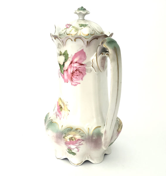 Antique Porcelain Chocolate Pot by MZ Austria Pink Roses Satin Finish