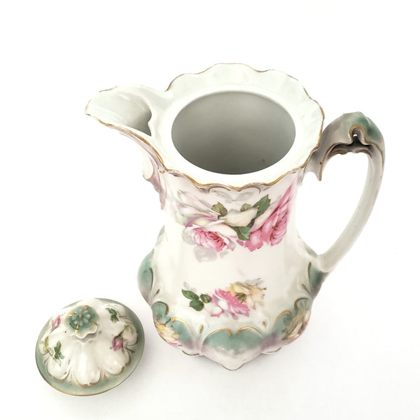 Antique Porcelain Chocolate Pot by MZ Austria Pink Roses Satin Finish