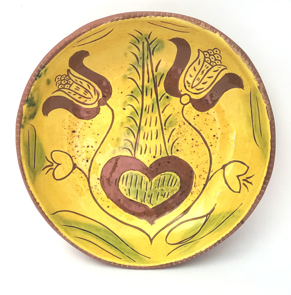 1976 Folk Art Redware Sgraffito Decorated Bowl Tulips & Heart Signed B. Breininger
