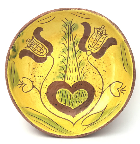 1976 Breininger Redware Sgraffito Decorated Bowl Tulips & Heart Signed B. Breininger