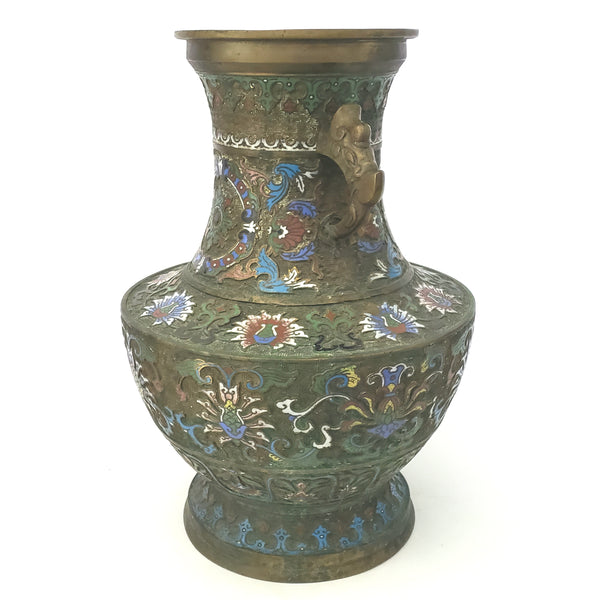 Large Vintage Japanese Champleve Vase Enamel over Brass 19 inch 1930s
