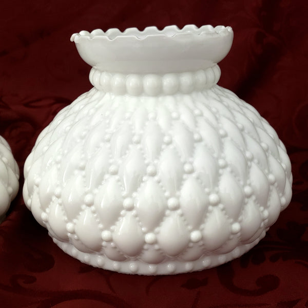 White Glass Student Lamp Shades Diamond Quilted Pattern 6.5 " Fitter Set of 2
