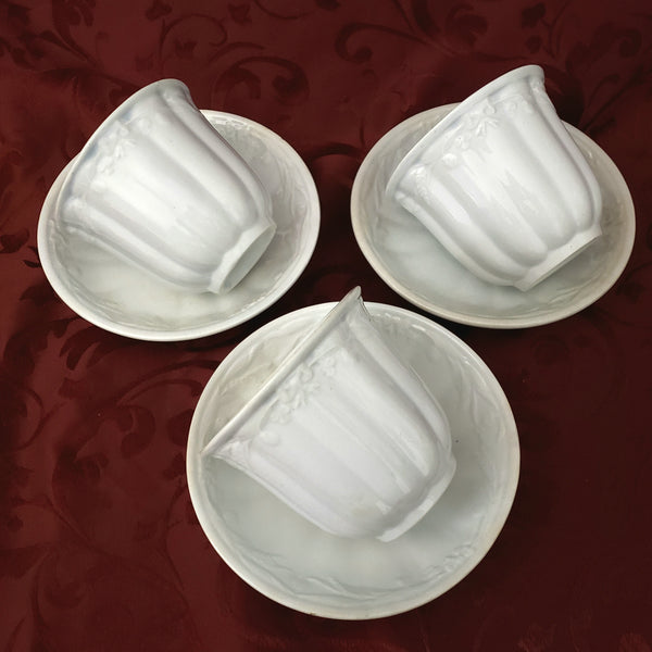 Antique White Ironstone Handleless Cups and Saucers Wheat Clover Turner & Tomkinson